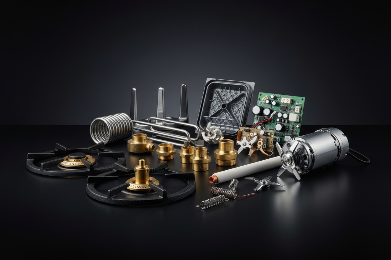 haz una imagen representativa a repuestos

"Encuentra una amplia variedad de repuestos para diferentes electrodomésticos y equipos. Aquí podrás hallar todo lo necesario para el mantenimiento de tus productos."

un eslogan para que sepas de que hablo, la imagen debe ser limpia, elegante con fondo oscuro haciendo notar el producto.
omite todo tipo de letras
 añade mas repuestos de cocina, calefont, estufas, y licuadoras, y luego en menor cantidad, todo lo demás
la imagen debe ser nitida